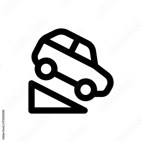 Black outline of a car with round wheels driving down a triangular ramp on a white isolated background
