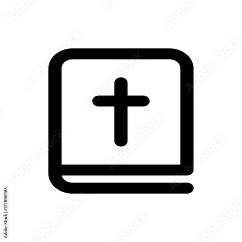 Illustration of a closed book with a christian cross on the cover in black and white simple outline style