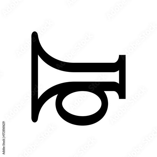 Illustration of a black bugle horn with a curved shape and a mouthpiece on a white background design element