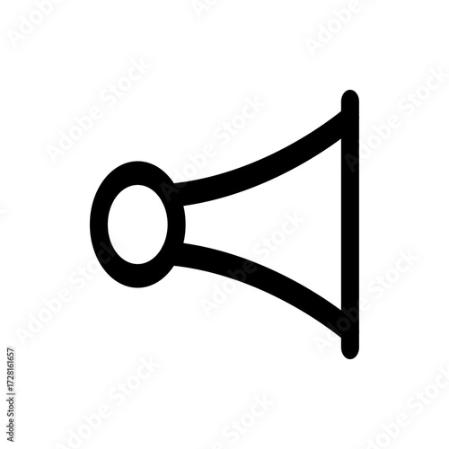 A black outline of a horn with a circular mouthpiece and a rectangular bell end on a white background