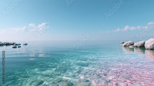 Tranquil Ocean Water Surface Under Clear Sky with Rocks and Light Blue Tones