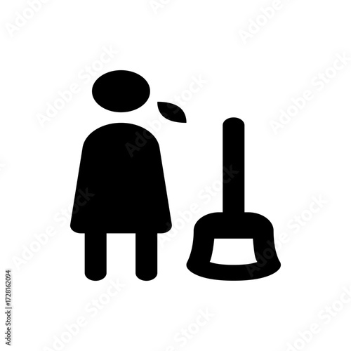 Icon of a woman standing next to a toilet bowl brush in black silhouette on a white background view style