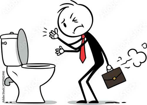 Businessmans unfortunate bathroom experience with unpleasant odor and expression.