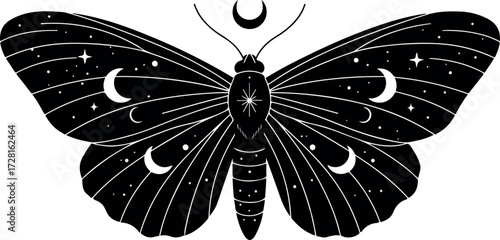 Celestial Moth with Crescent Moons and Starry Wings.