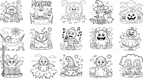 Halloween Coloring Pages Featuring Monsters Vampires Pumpkins and Witches coloring book