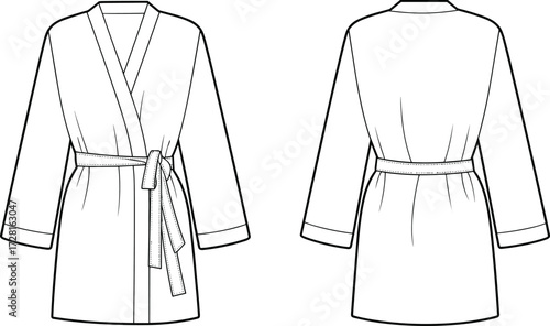 Women robe flat sketch, bathrobe fashion template, wrap kimono loungewear design, apparel technical drawing with belt tie and long sleeves