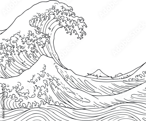 Great Wave off Kanagawa depicts a powerful ocean surge with intricate details.