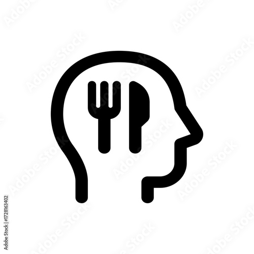 Outline of a human head containing a fork and knife representing thoughts about food and nutrition needs