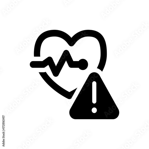 Heart health warning sign with heartbeat line and exclamation mark in triangle shape icon illustration