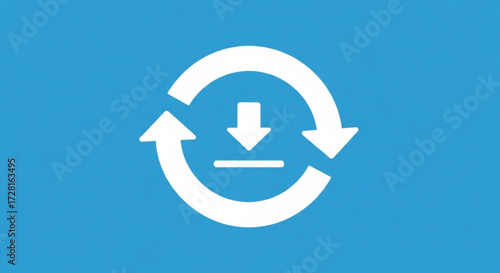 A white download and update icon on a blue background, symbolizing software updates, data transfer, and system maintenance
