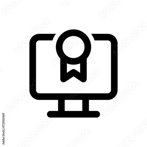 Computer monitor displaying a badge or medal icon in black and white simple design for achievement award