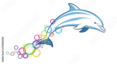 A delightful illustration of a dolphin leaping through the air, surrounded by colorful bubbles, a playful and charming design