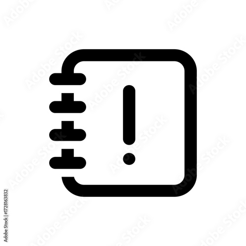 Illustration of a black notebook with a spiral binding and an exclamation point inside the cover
