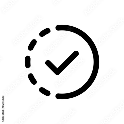 Check mark inside a circle with a dotted line on the left side indicating progress or loading state