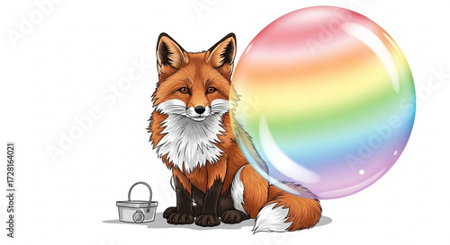 A charming fox sits beside a shimmering rainbow bubble and a small bucket, creating a whimsical and colorful scene