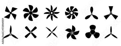 A set of different propellers aircraft propellers air coolers ship propellers