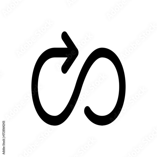 Black arrow looping around in a figure eight shape on a white background in a simple vector graphic icon