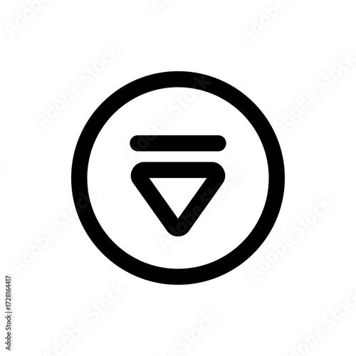 Black outlined circle containing a downward pointing arrow with a line above it in the center icon 100