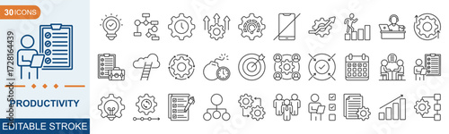 Productivity outline editable icon set collection. Workflow, growth, project management, efficiency, task, focus, multitasking, routine, productive, and more. Vector illustration eps 10