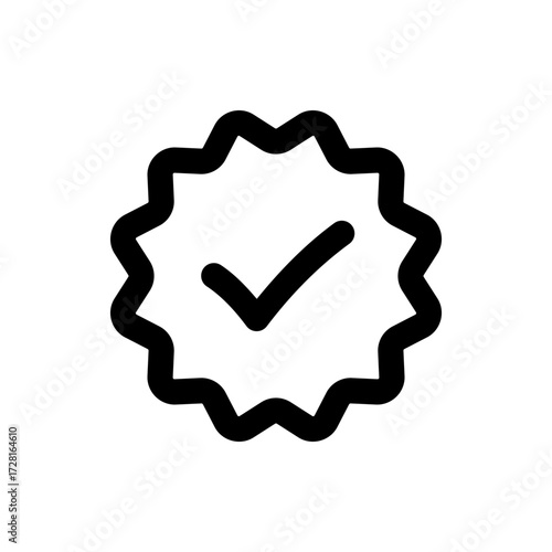 Black outline of a rosette with a check mark inside indicating approval or verification with a white background