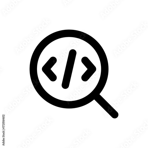 Magnifying glass focusing on coding symbols, indicating code search and development analysis process tools