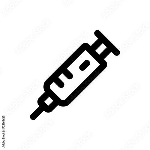 Illustration of a black and white syringe with a needle and plunger for medical or healthcare purposes