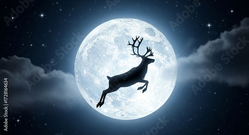 Reindeer jumping in front of the full moon at night, creating a magical and enchanting christmas scene, symbolizing the spirit of the holiday