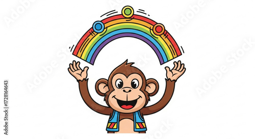 Funny monkey juggling rainbow with colorful balls cartoon animal character performing circus trick with smile on face