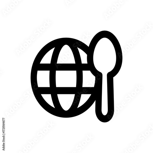 Black and white icon showing a globe with meridians and parallels next to a spoon in a simple design