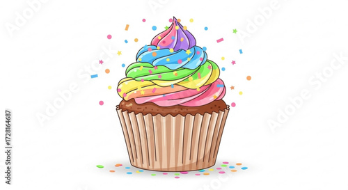 Colorful cupcake with rainbow frosting and sprinkles sweet dessert treat for birthday party or special occasion