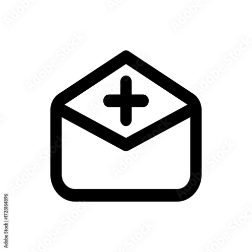 An icon of an envelope with a plus sign centered on the flap in a bold outline style illustration design