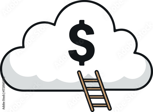 Cloud computing concept with dollar sign and ladder representing financial growth.