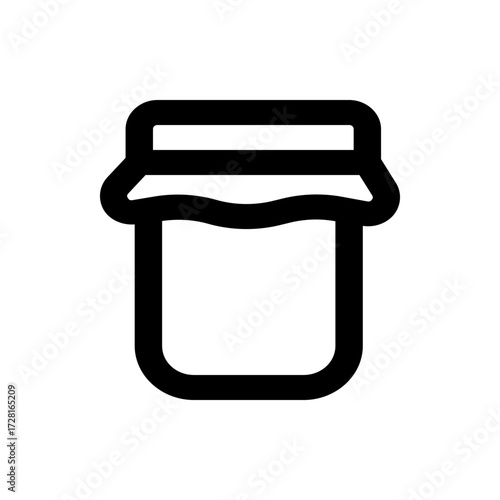 A simple black and white line drawing icon of a jar with a lid, filled with a liquid, isolated on white