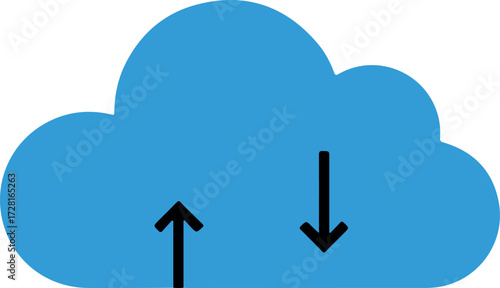 Cloud computing data transfer with upload and download arrows.
