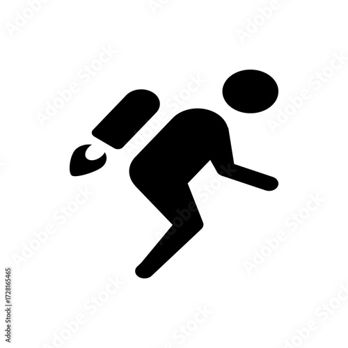 Silhouette of a person with a rocket attached to their back, running or launching forward quickly icon style