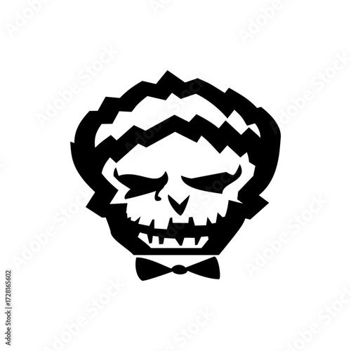 A stylized black and white illustration of a skull wearing a bow tie with a jagged afro hairstyle