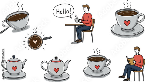 Coffee and Tea Collection A Cozy Cafe Scene with People and Beverages.