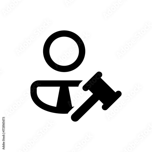 A stylized icon depicting a person silhouette holding a gavel representing legal or judicial authority