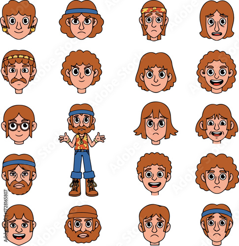 Collection of cartoonish human faces with various expressions and styles.