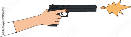 Hand firing a black pistol with a bullet and explosion.