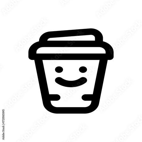 A simple black and white illustration of a coffee cup with a smiling face and a lid on a white background