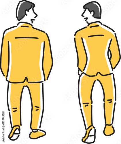 歩きながら会話する後ろ姿の男性