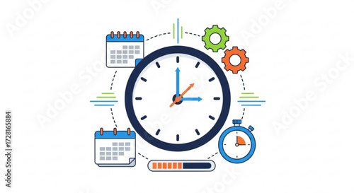 Time management and productivity illustration with clock, calendar, gears, and progress bar