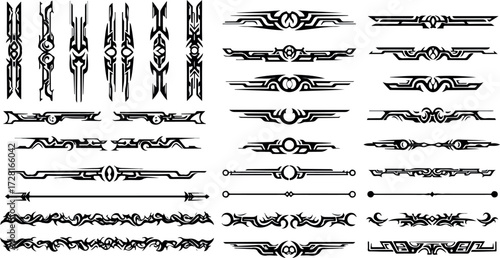 Collection of decorative tribal design elements and borders in black color.