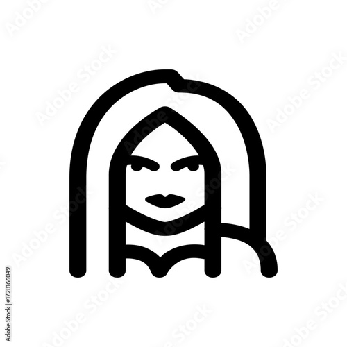 A simple black and white icon depicting a woman with long hair looking forward with a serious expression