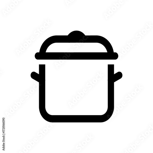 A minimalist black and white line drawing of a cooking pot with a lid and two handles on a white background