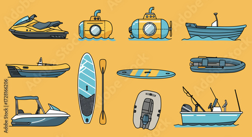 A collection of twelve different watercraft and water toys illustrated on a yellow background