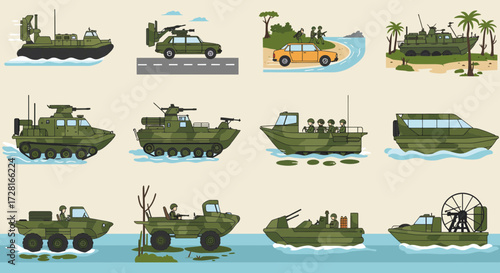 A collection of twelve illustrations depicting various amphibious military vehicles and troop transports