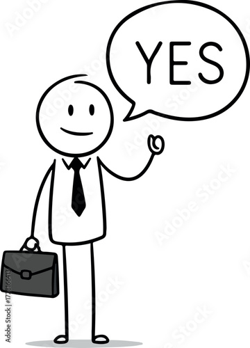 Happy businessman with briefcase saying yes in a speech bubble.