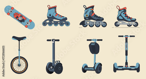 An array of eight lightblue and darkblue wheeled personal transport devices on a light background